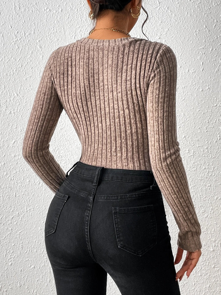 Ribbed Knit Half Button Plain Bodysuit