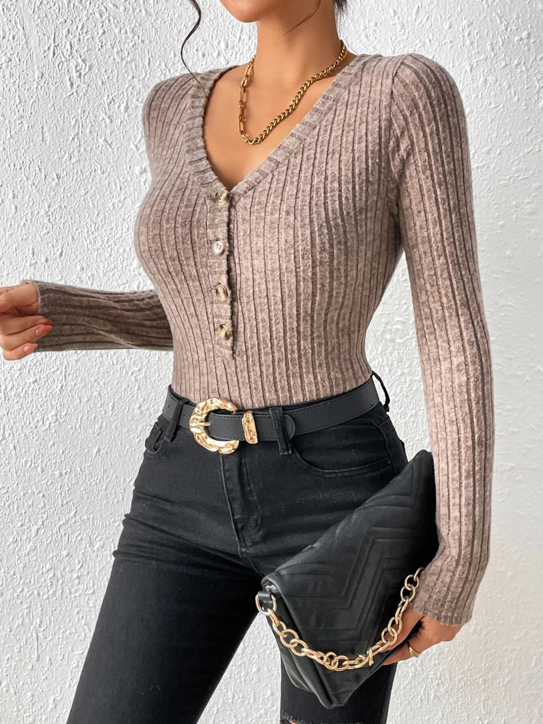 Ribbed Knit Half Button Plain Bodysuit