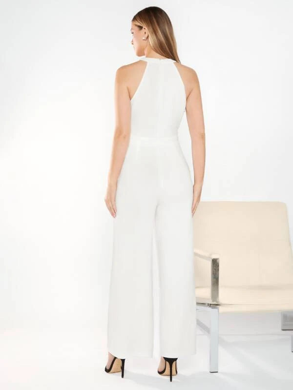 Ruffle Trim Halter Plain Jumpsuit