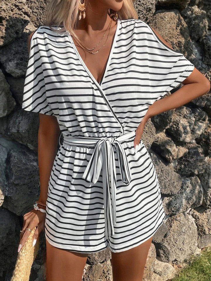 Striped Print Cut Out Batwing Sleeve Belted Romper