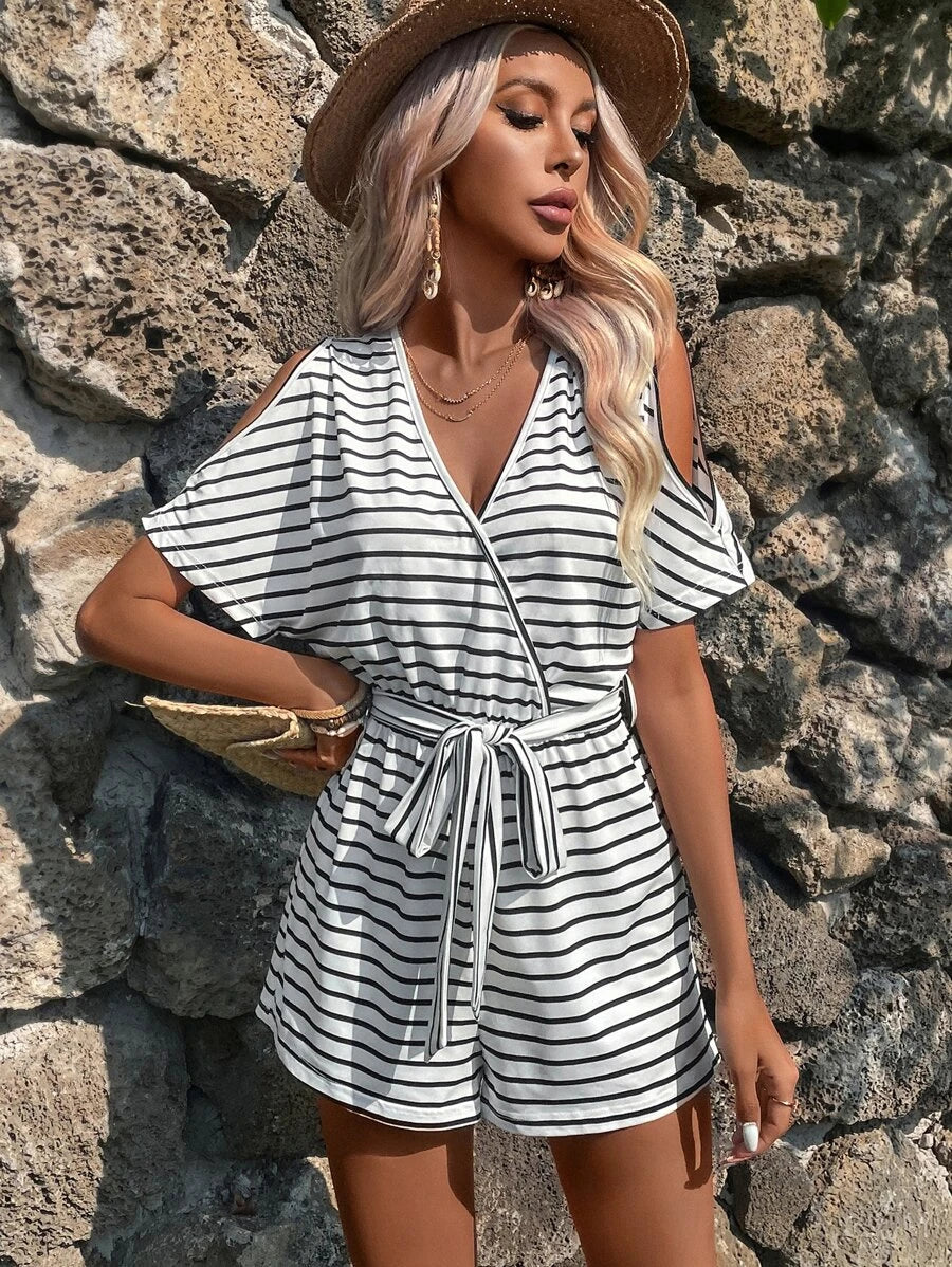 Striped Print Cut Out Batwing Sleeve Belted Romper