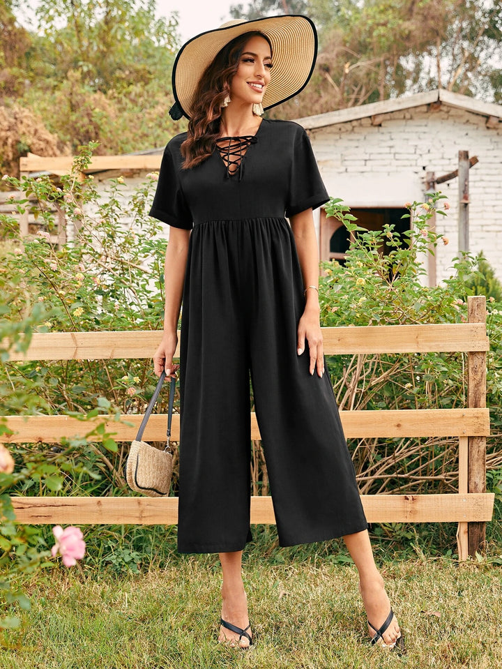 Lace Up Front Wide Leg Jumpsuit