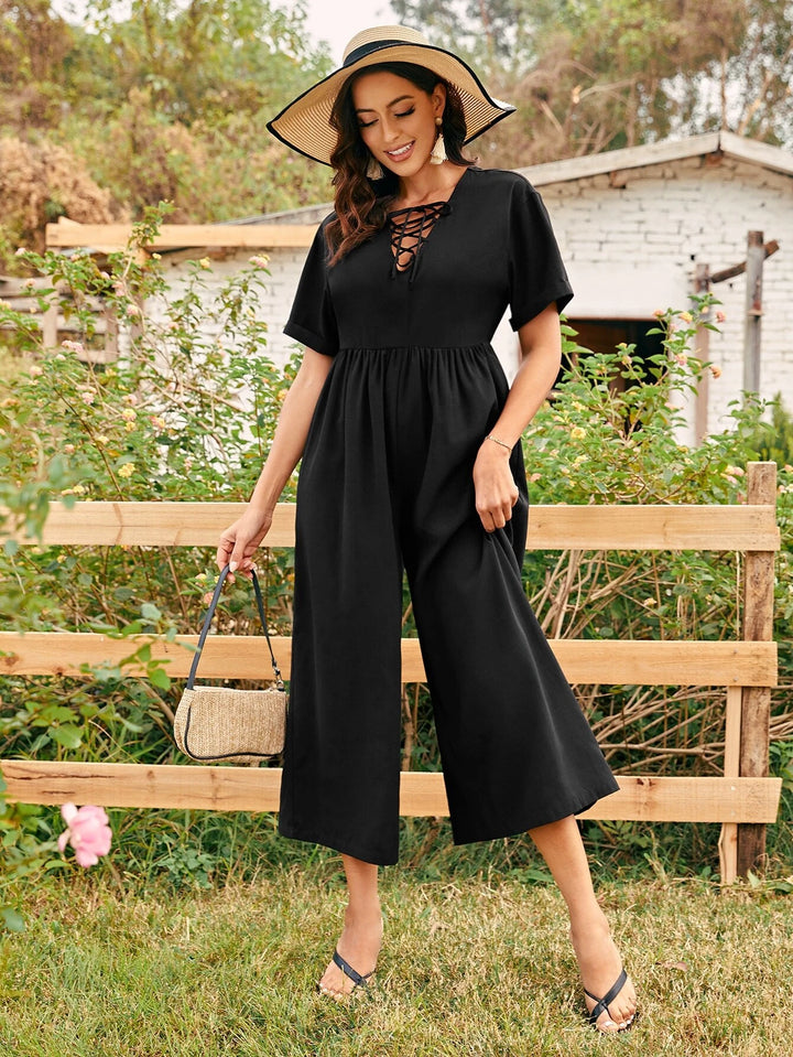 Lace Up Front Wide Leg Jumpsuit