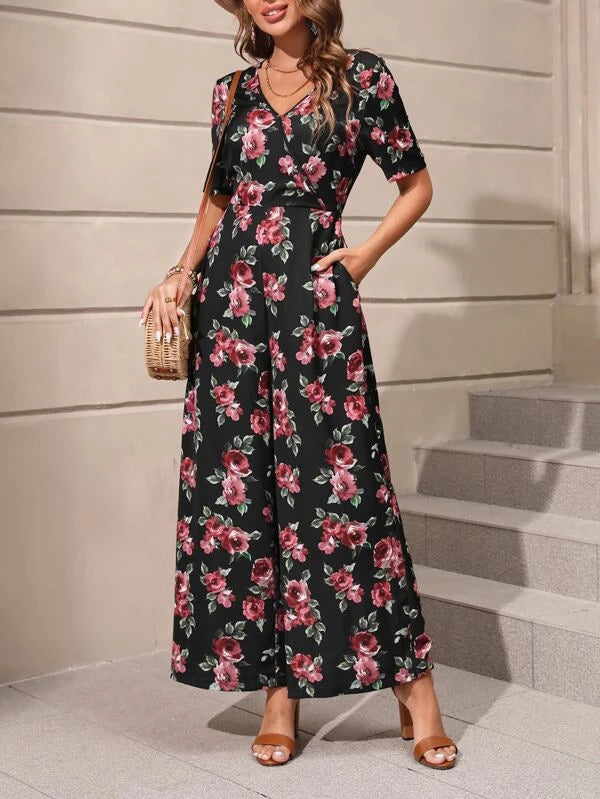 Floral Print Wide Leg V Neck Jumpsuit