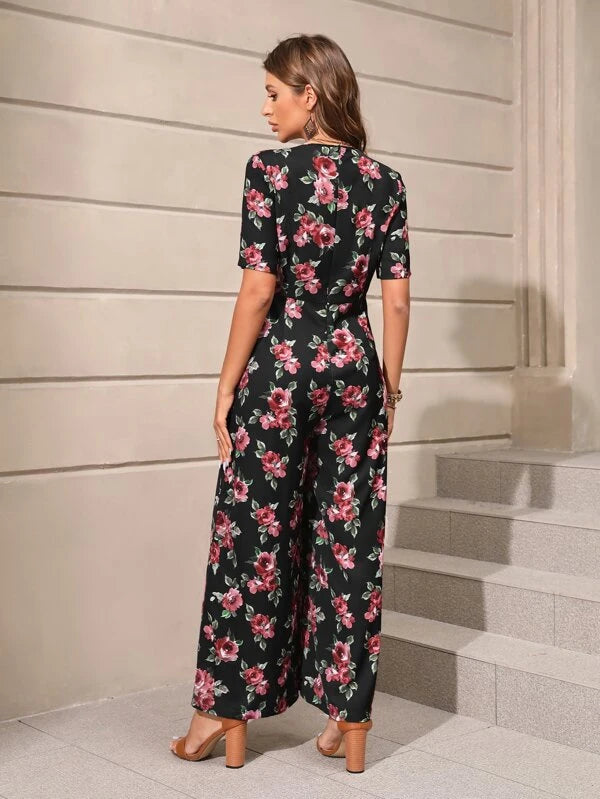 Floral Print Wide Leg V Neck Jumpsuit