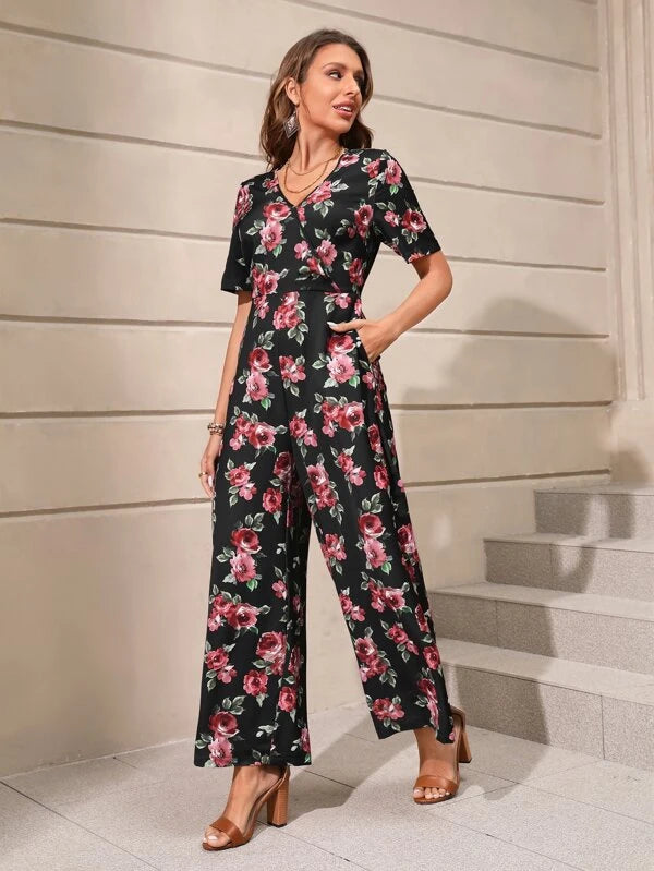 Floral Print Wide Leg V Neck Jumpsuit