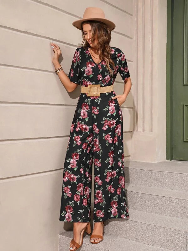 Floral Print Wide Leg V Neck Jumpsuit