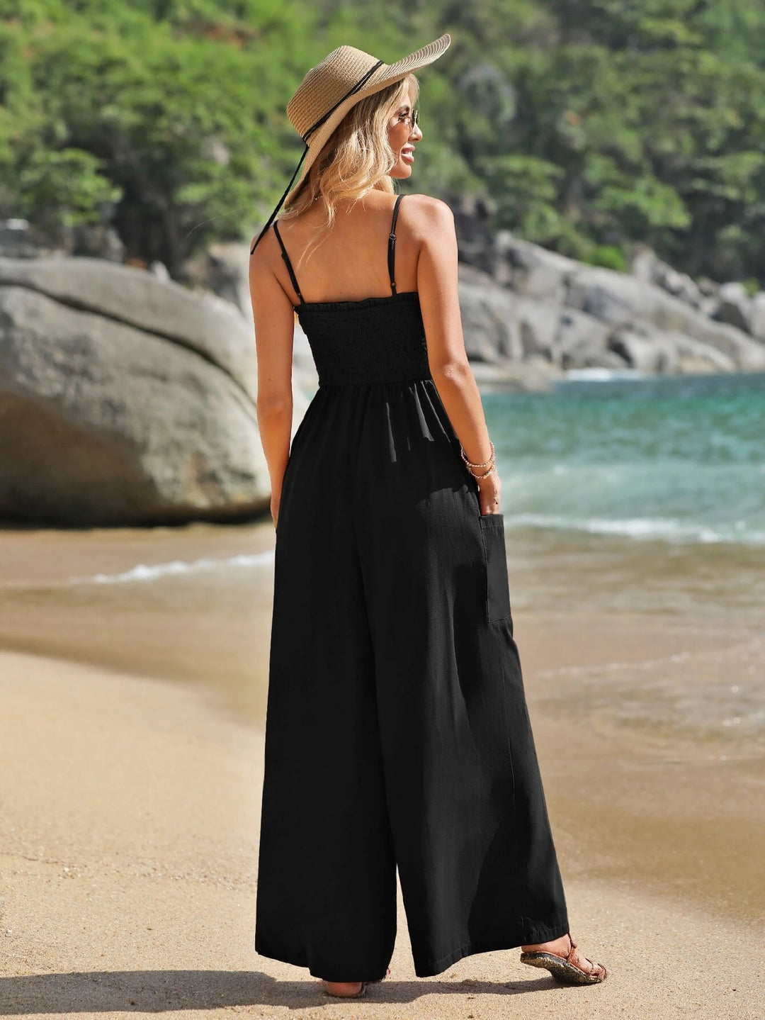 Solid Shirred Bodice Wide Leg Cami Jumpsuit