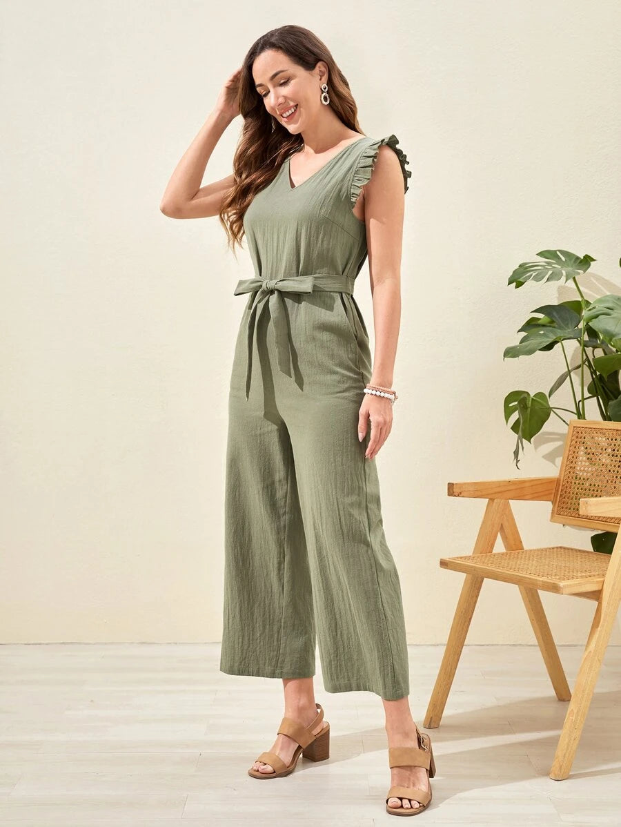 Solid Colored Belted Wide Leg Jumpsuit