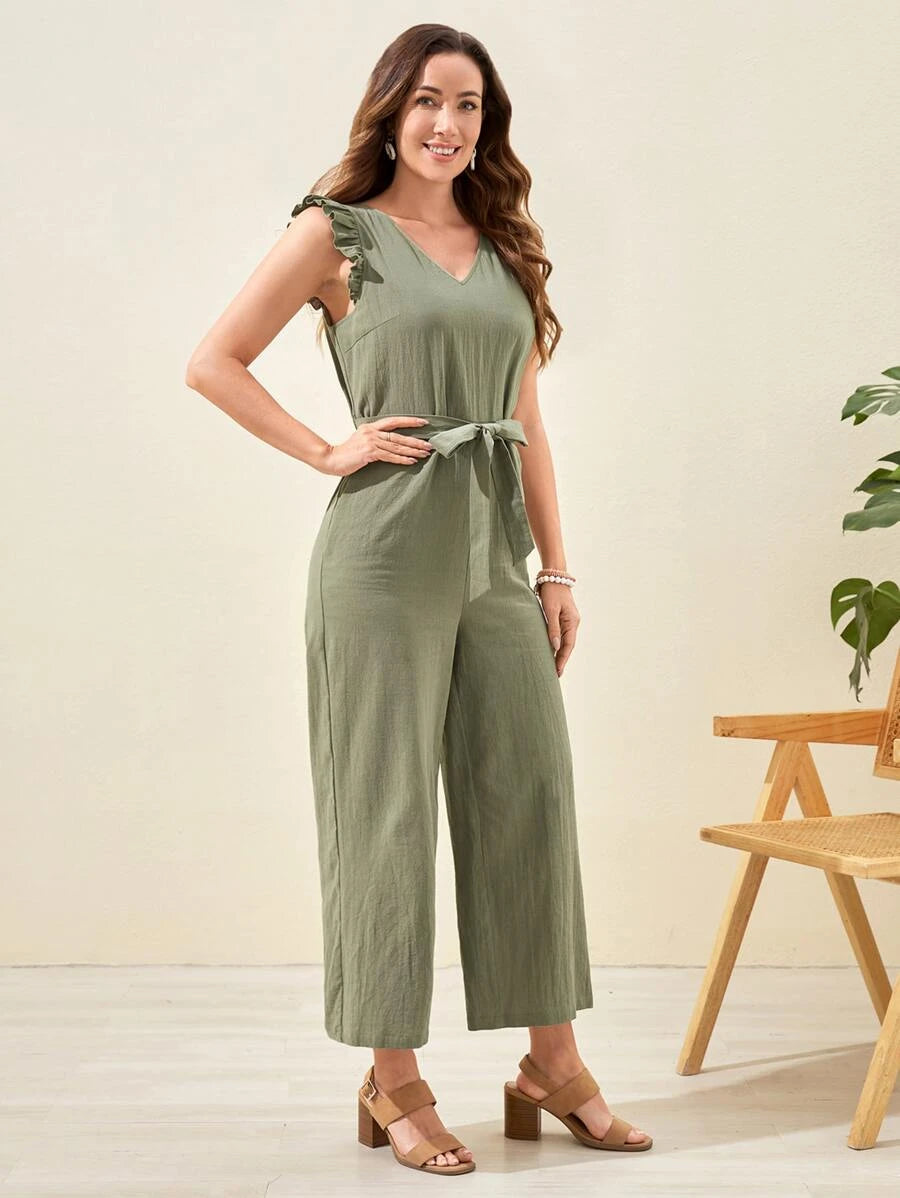 Solid Colored Belted Wide Leg Jumpsuit