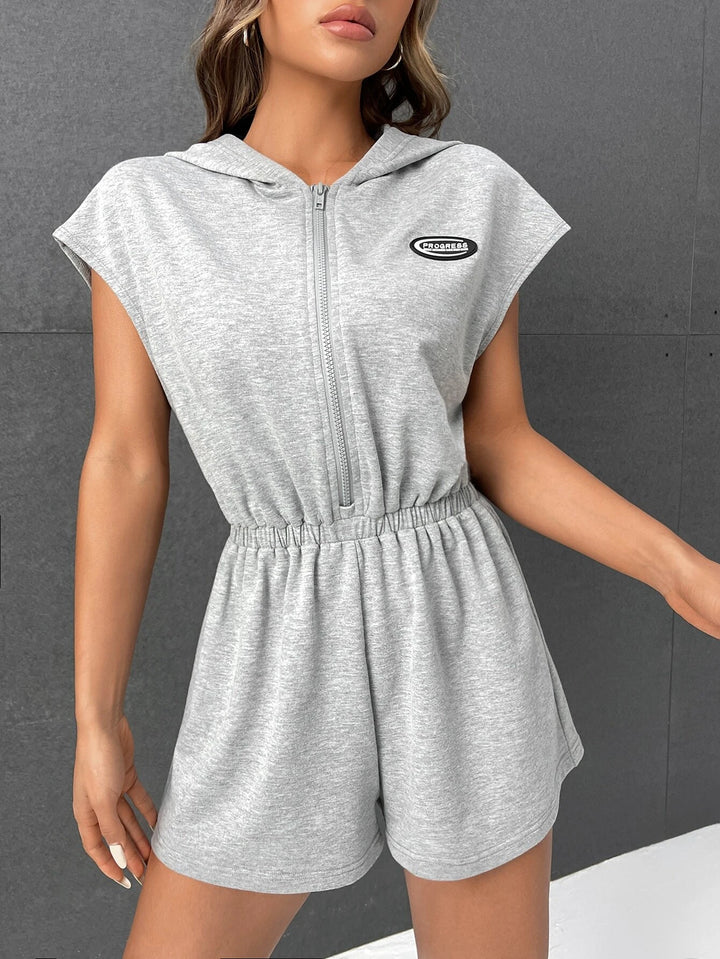 Patched Detail Batwing Sleeve Hooded Romper