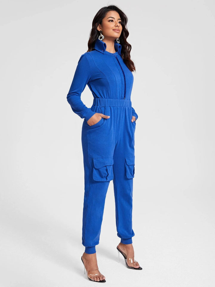 Mock Neck Flap Pocket Jumpsuit