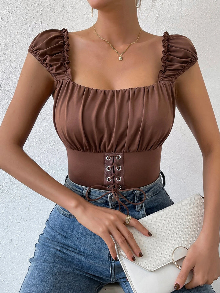 Ruched Lace Up Bodysuit