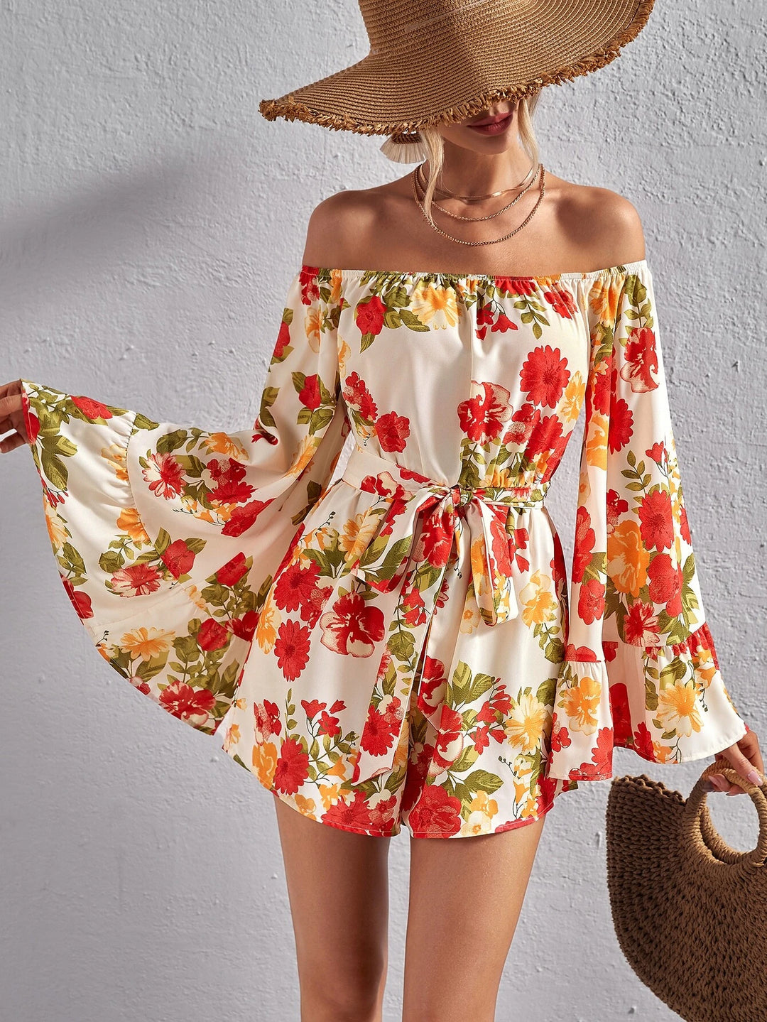 Floral Print Off Shoulder Belted Romper