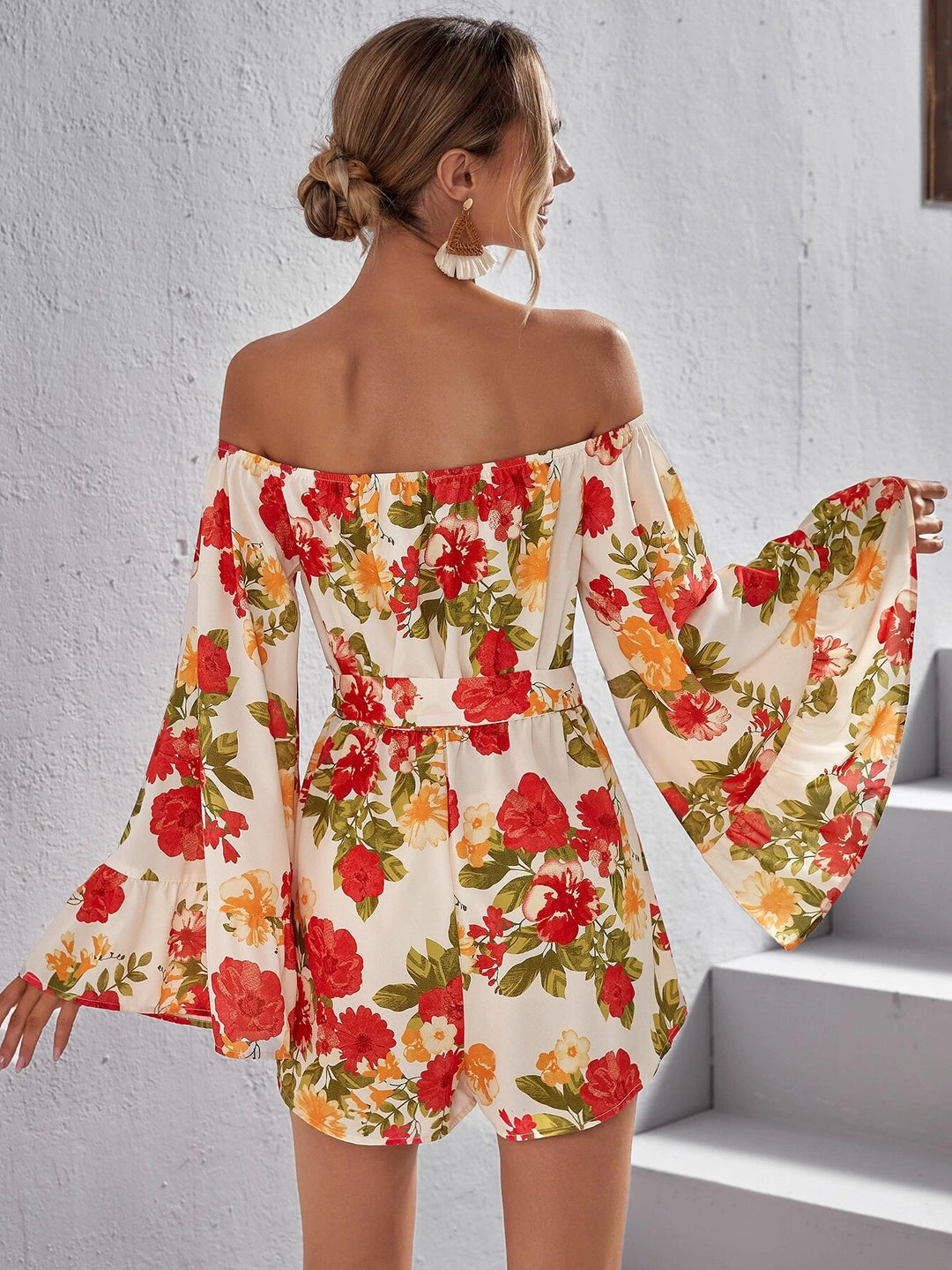 Floral Print Off Shoulder Belted Romper