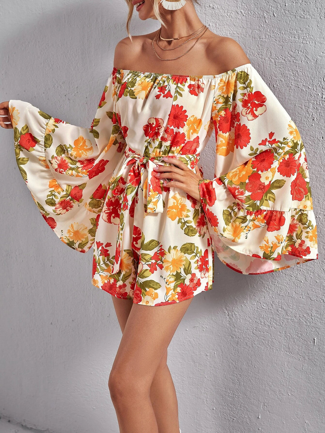 Floral Print Off Shoulder Belted Romper