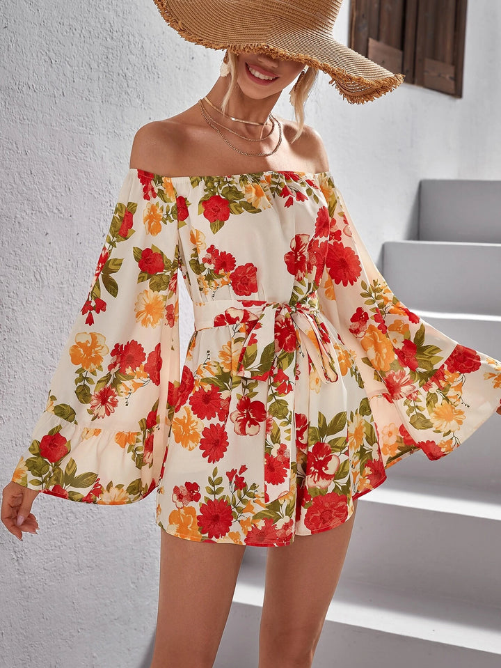 Floral Print Off Shoulder Belted Romper