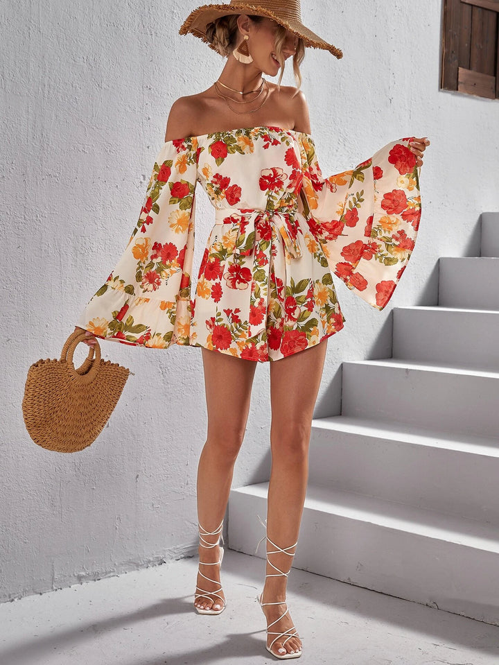 Floral Print Off Shoulder Belted Romper