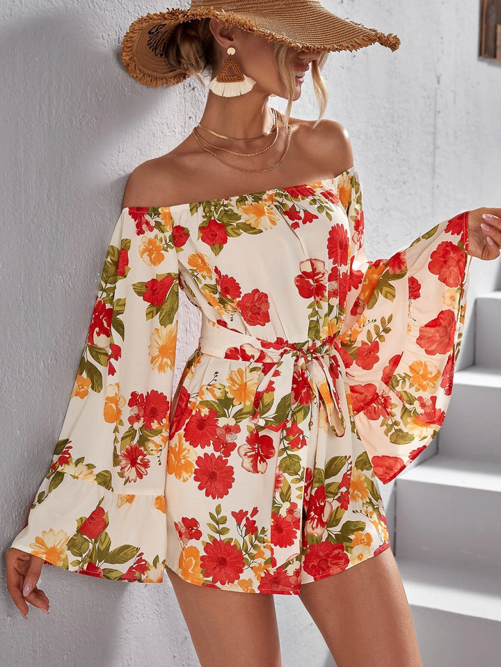 Floral Print Off Shoulder Belted Romper