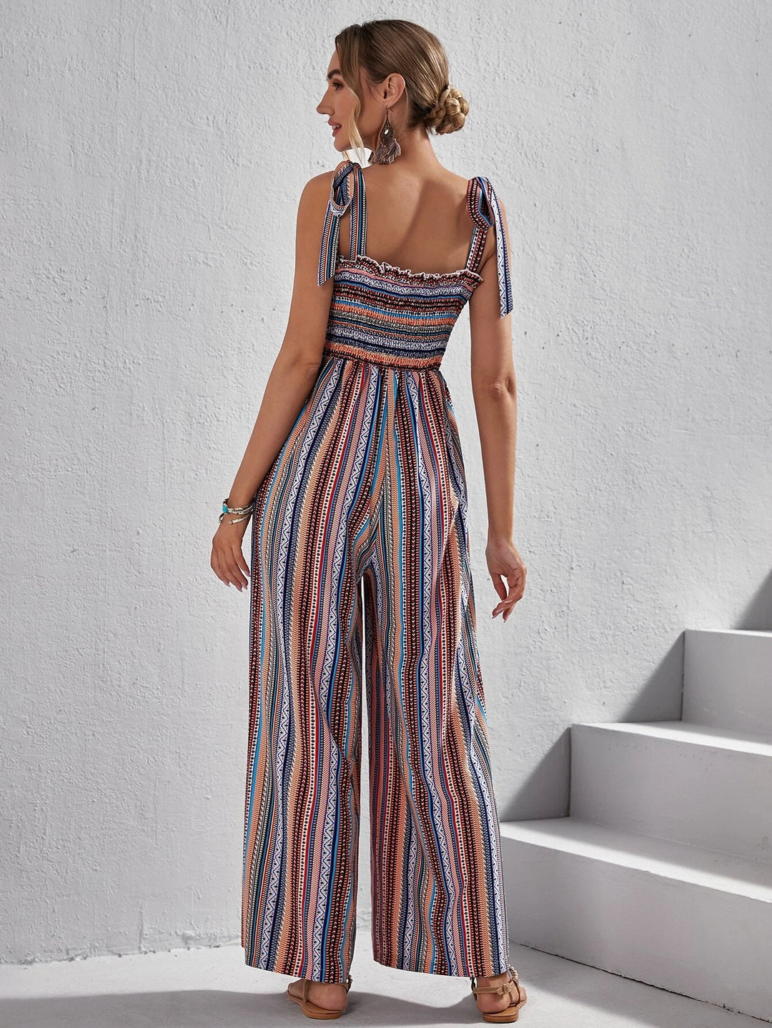 Striped & Geo Print Tie Shoulder Wide Leg Jumpsuit