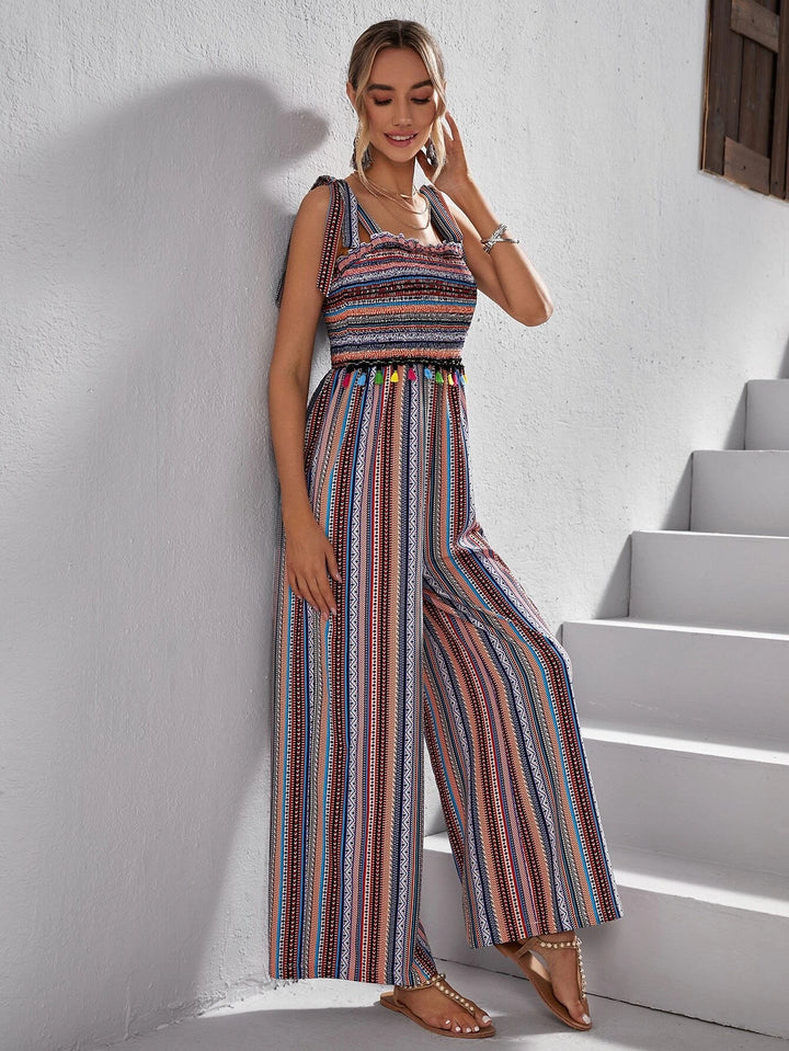 Striped & Geo Print Tie Shoulder Wide Leg Jumpsuit