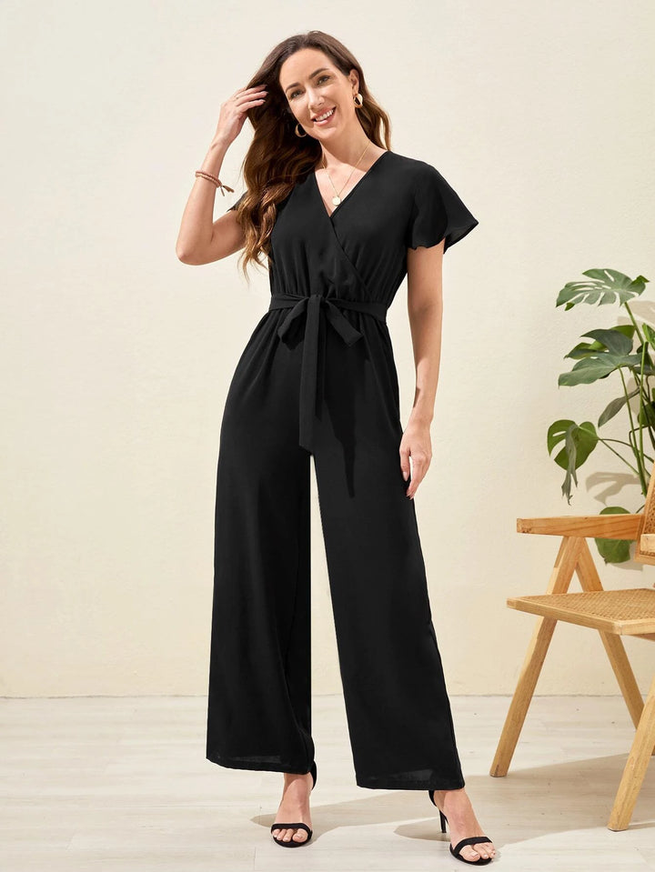 Butterfly Sleeve Belt Wide Leg Jumpsuit