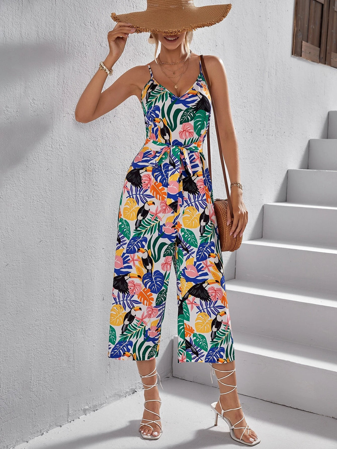 Tropical Print Belted Cami Jumpsuit