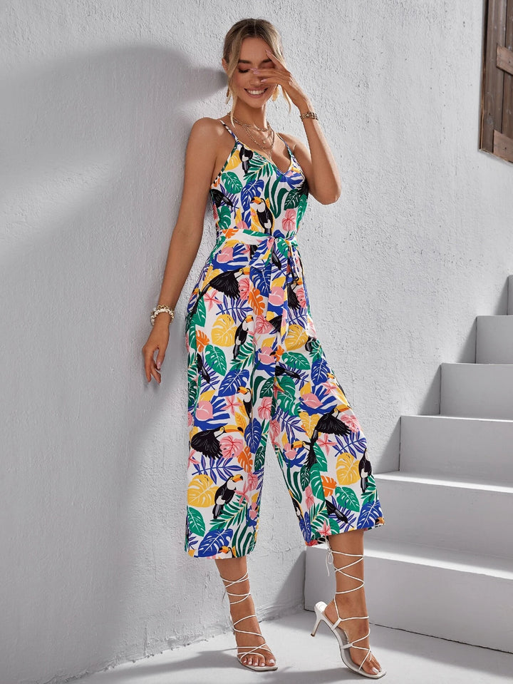 Tropical Print Belted Cami Jumpsuit