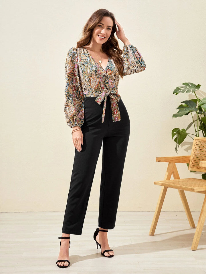 Floral Print Bishop Sleeve Belted Jumpsuit