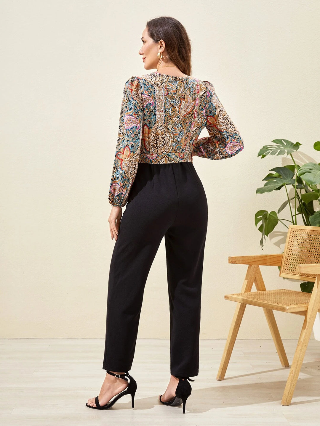 Floral Print Bishop Sleeve Belted Jumpsuit