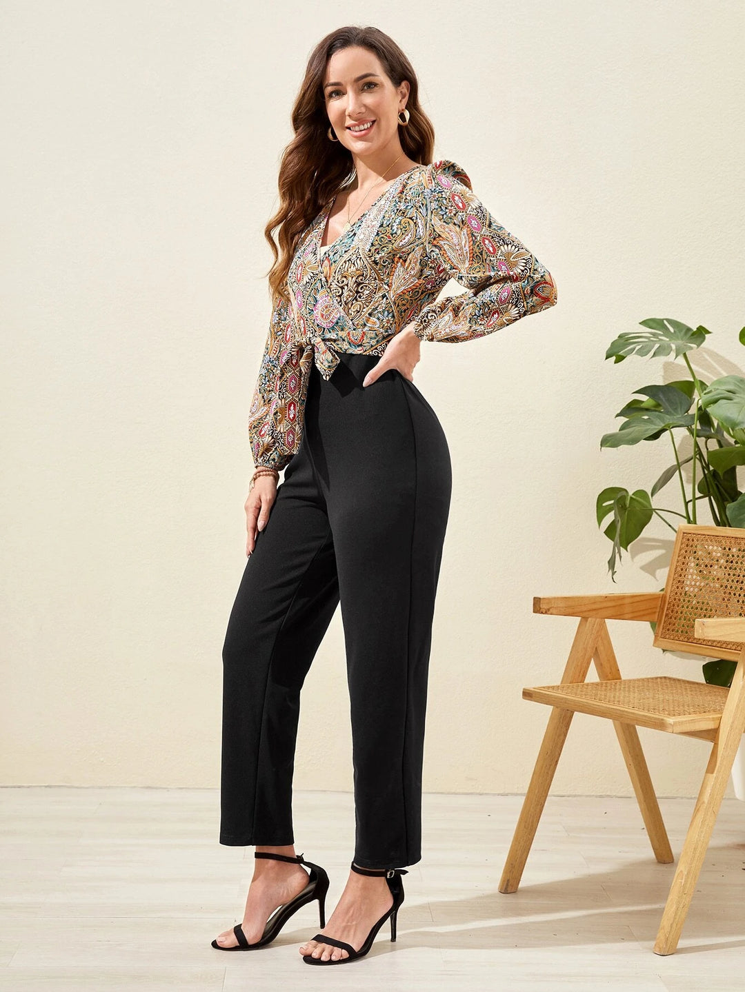 Floral Print Bishop Sleeve Belted Jumpsuit