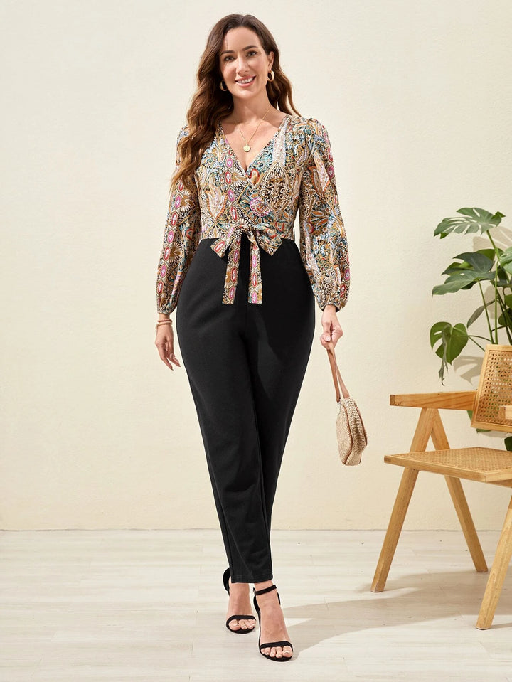 Floral Print Bishop Sleeve Belted Jumpsuit