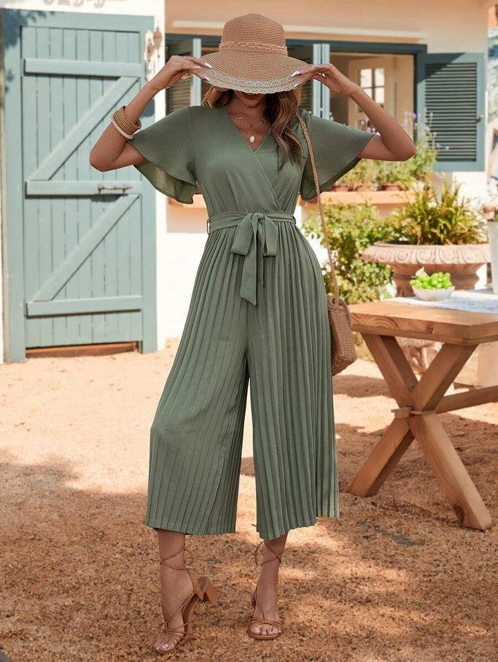 Butterfly Sleeve Pleated Belted Jumpsuit