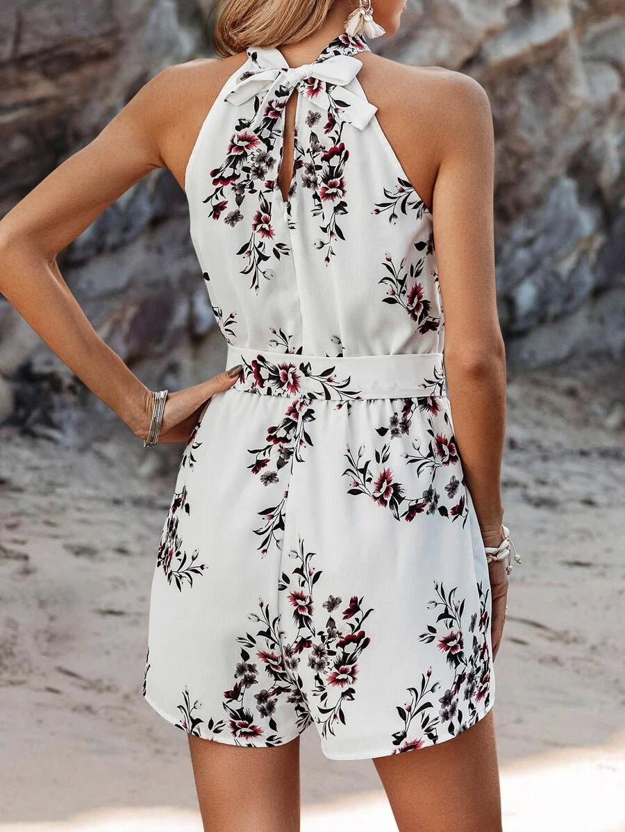 Floral Print Slant Pocket Belted Halter Romper