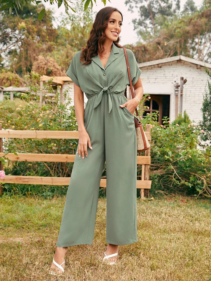 Lapel Collar Belted Wide Leg Jumpsuit