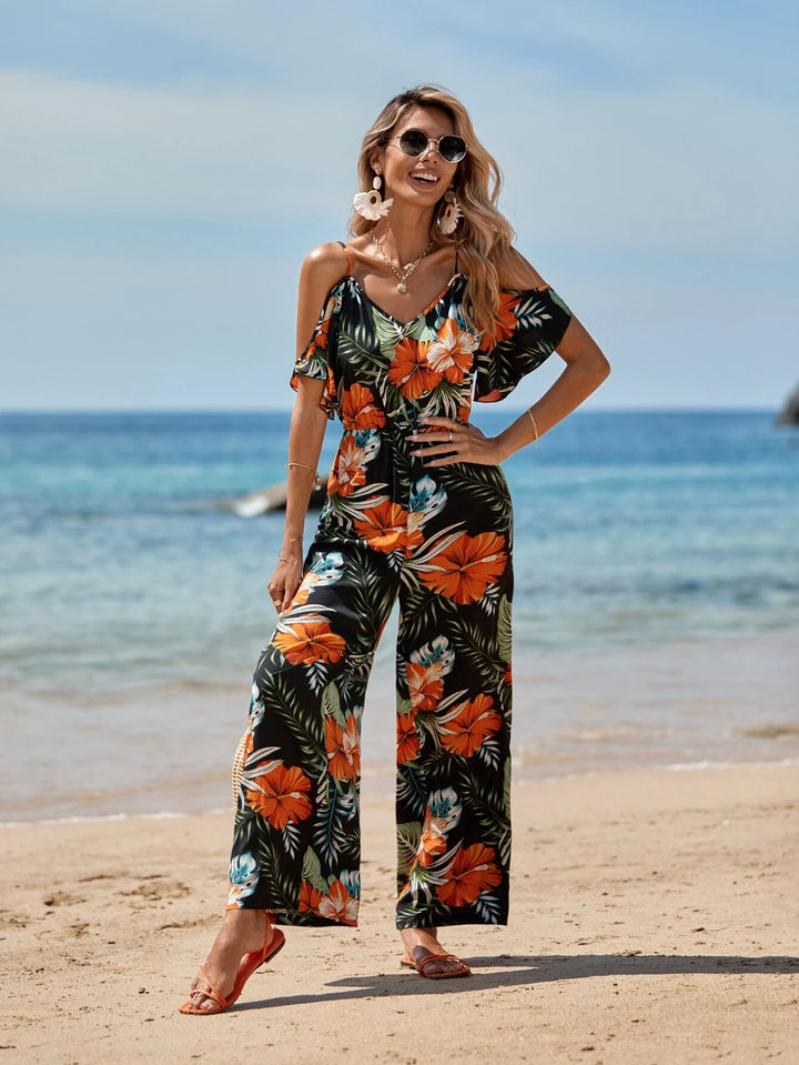 Schulterfreier Jumpsuit mit tropischem Print 