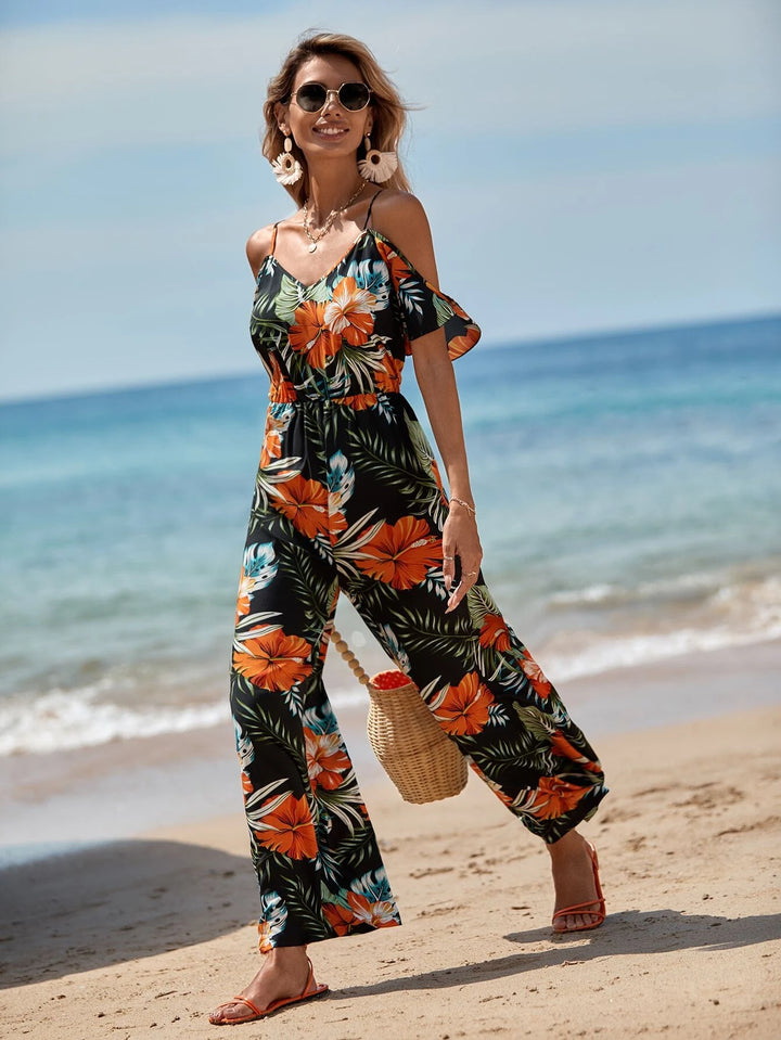 Schulterfreier Jumpsuit mit tropischem Print 