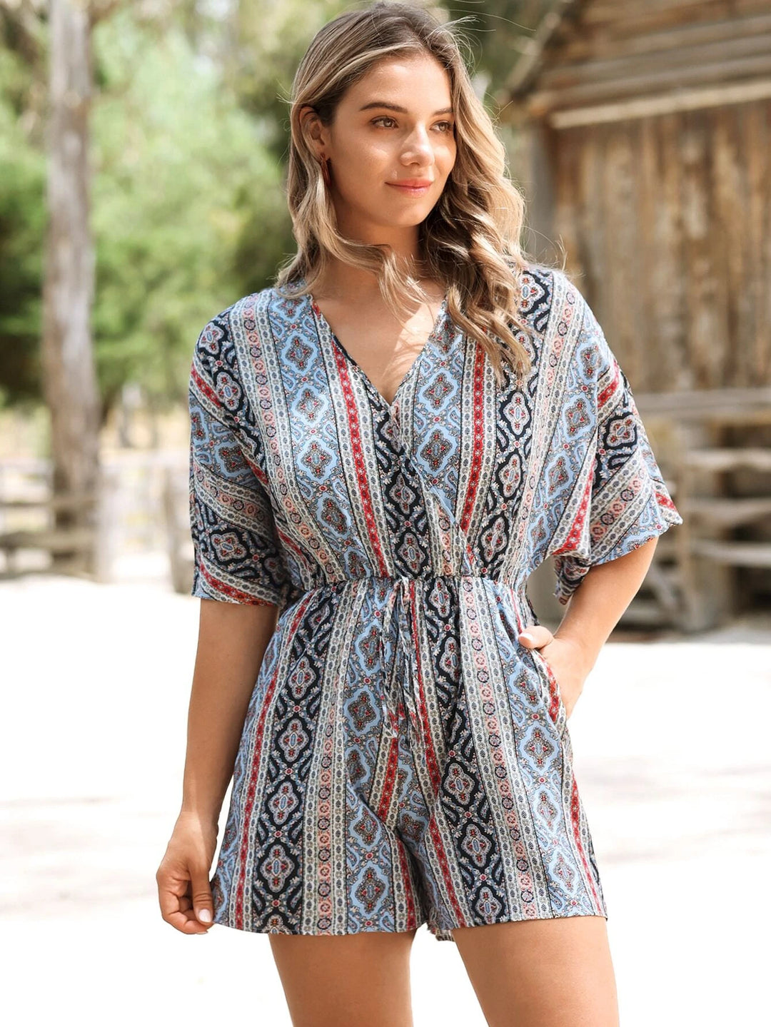 Graphic Print Batwing Sleeve Romper