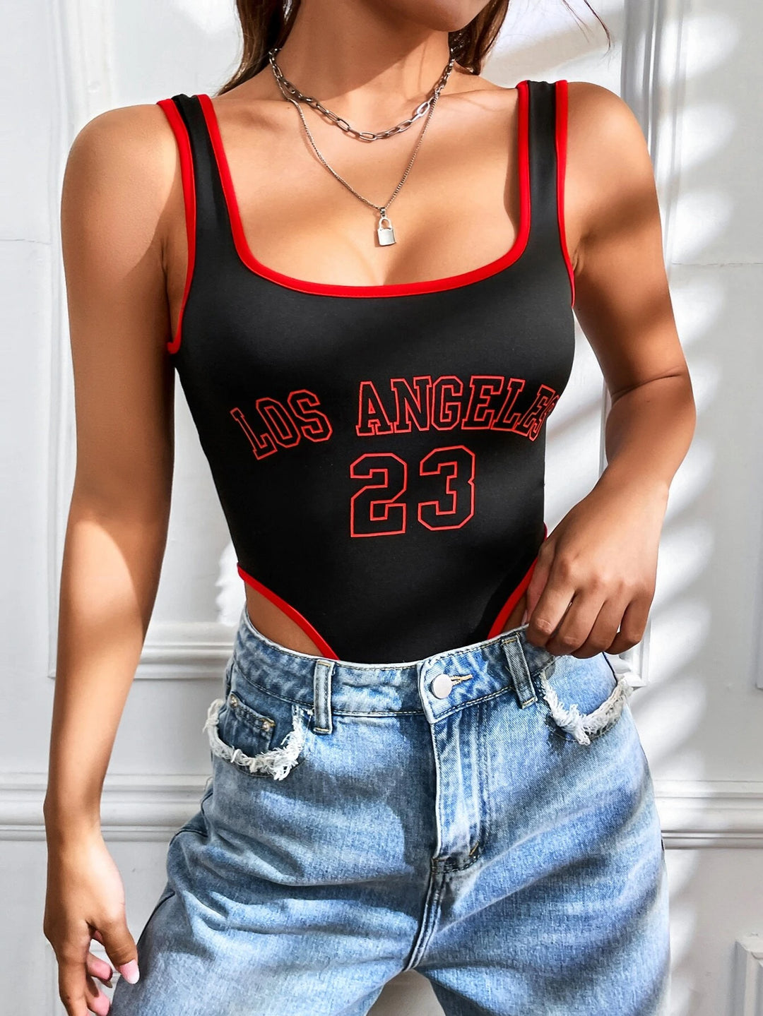 Letter Graphic Contrast Binding Tank Bodysuit