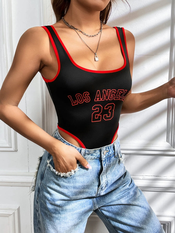 Letter Graphic Contrast Binding Tank Bodysuit