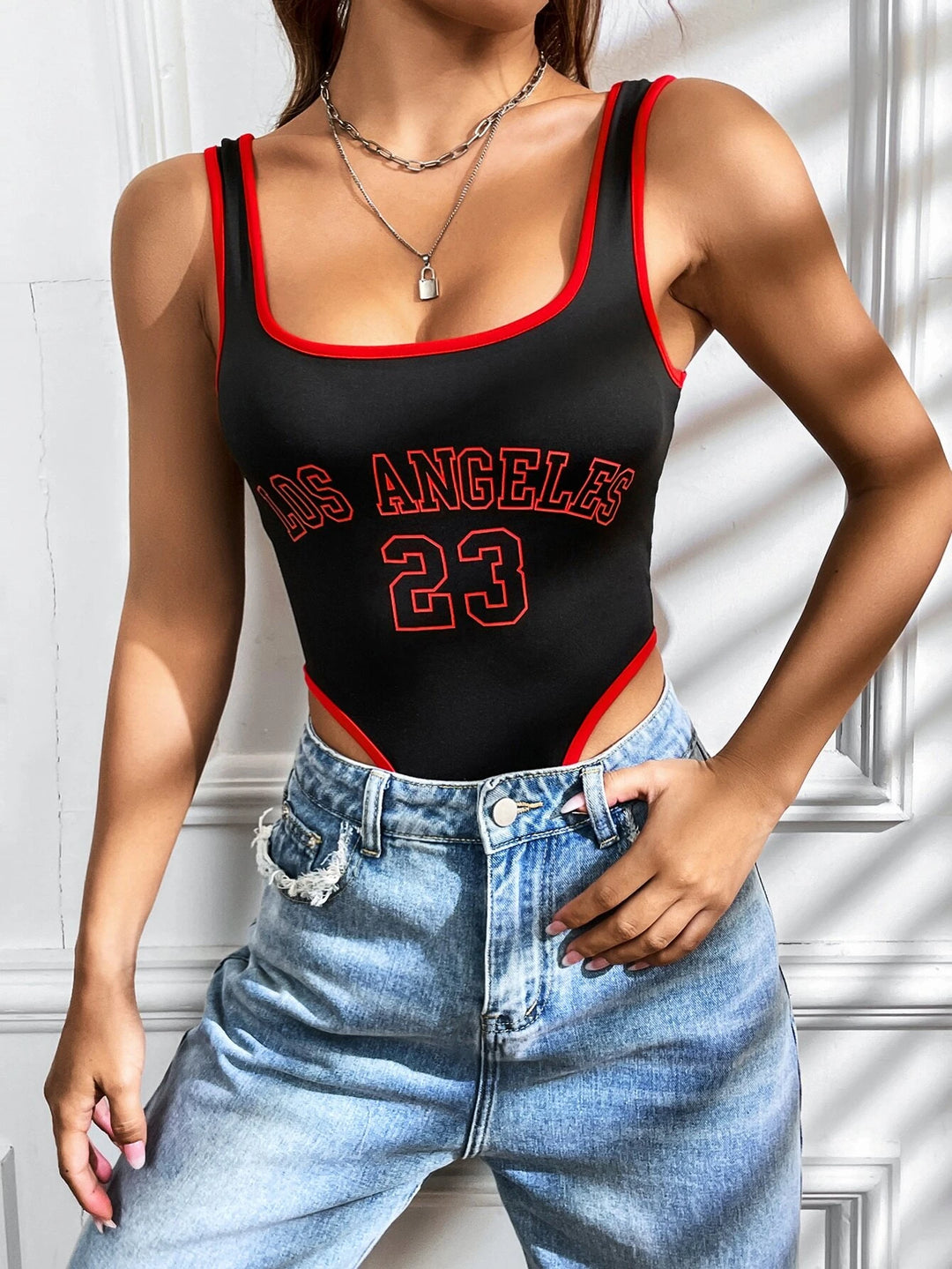 Letter Graphic Contrast Binding Tank Bodysuit