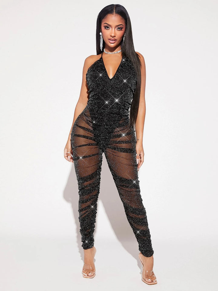 Neck Glitter Mesh Halter Jumpsuit