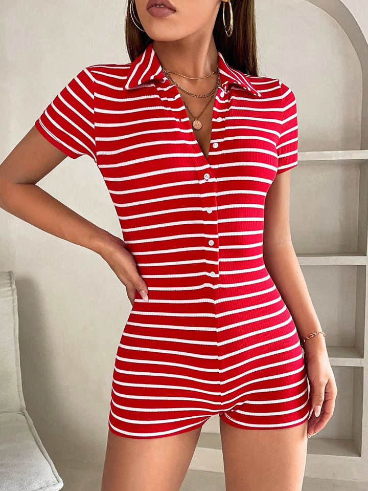 Button Front Striped Unitard Romper