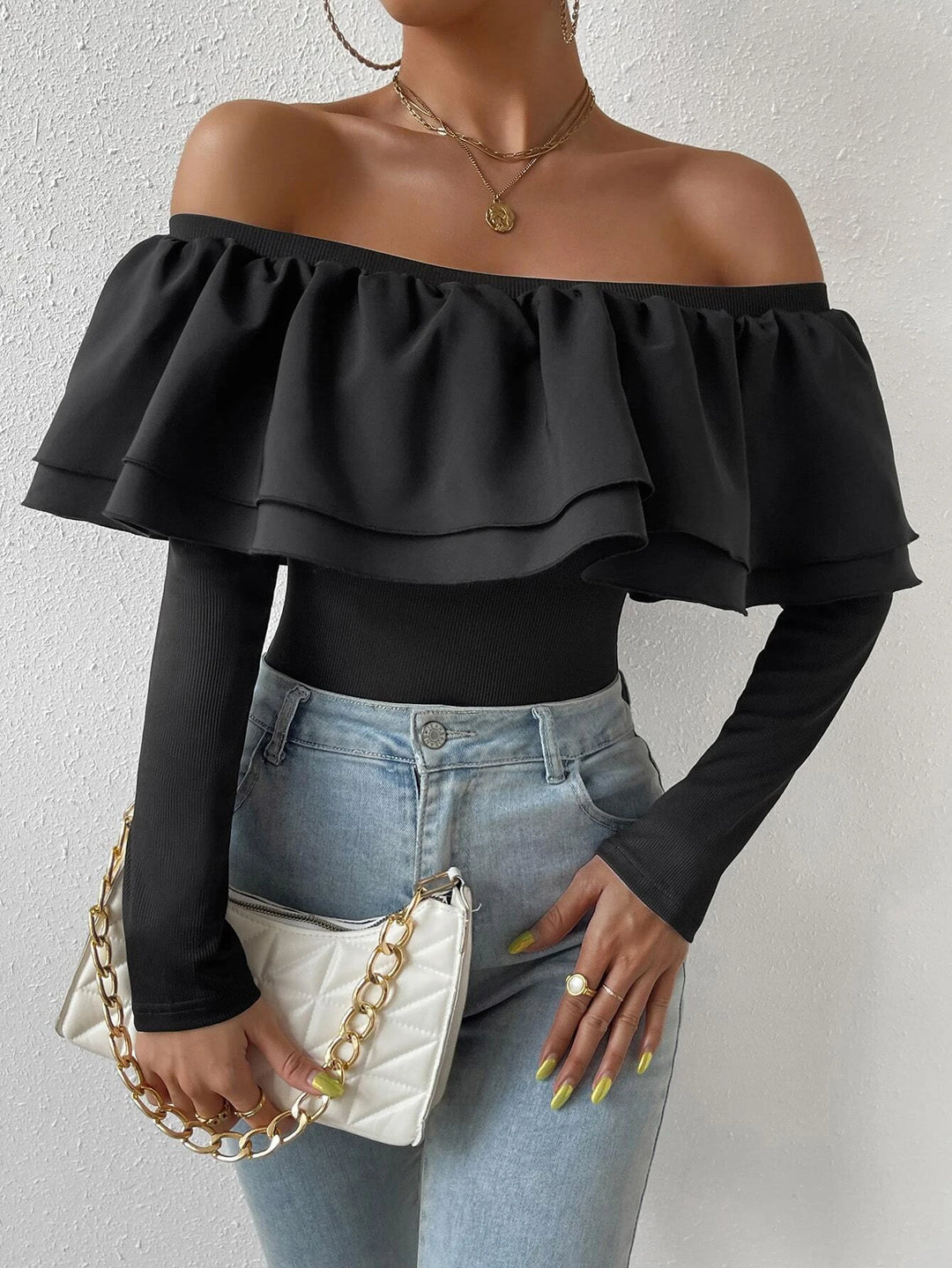 Off Shoulder Ruffle Bodysuit