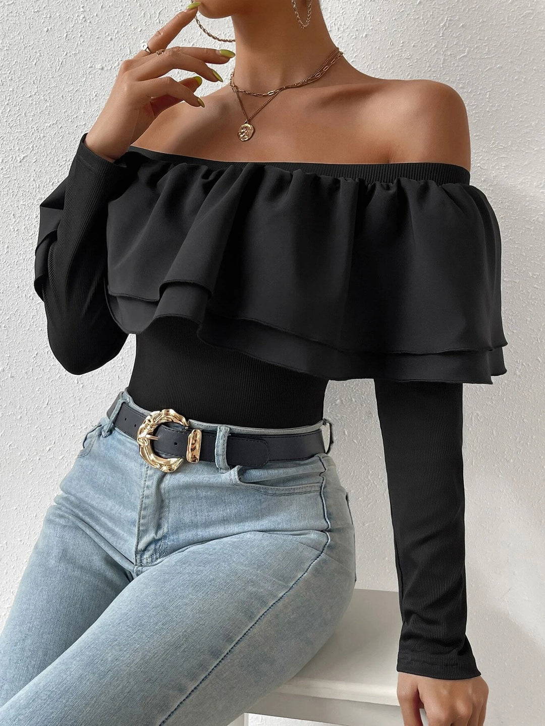 Off Shoulder Ruffle Bodysuit