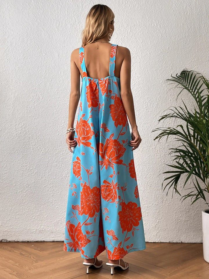 Floral Print Wide Leg Jumpsuit Without Belt