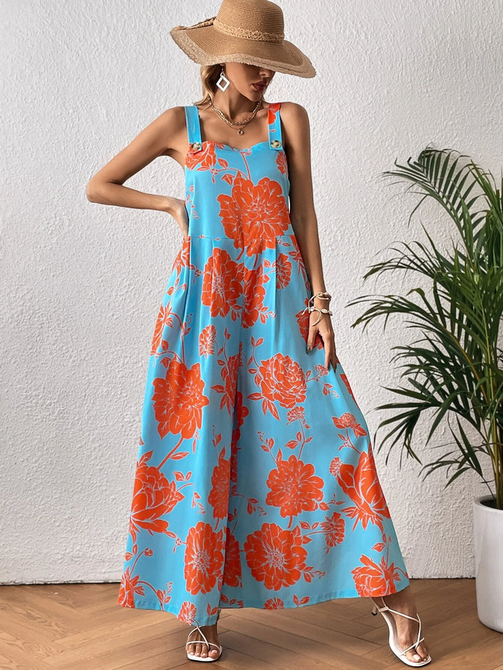 Floral Print Wide Leg Jumpsuit Without Belt