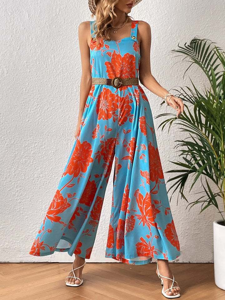 Floral Print Wide Leg Jumpsuit Without Belt