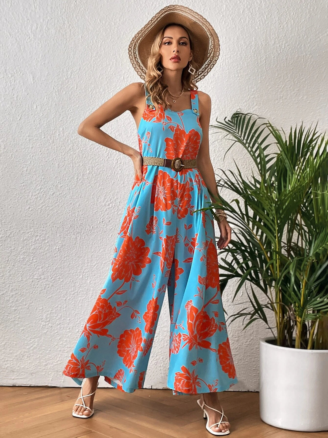 Floral Print Wide Leg Jumpsuit Without Belt