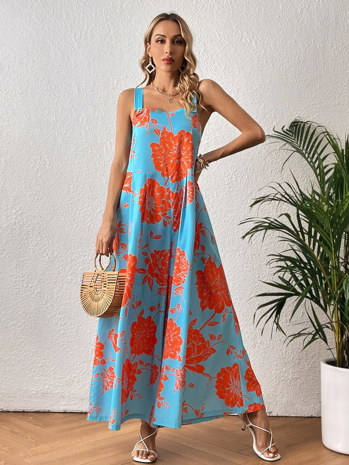 Floral Print Wide Leg Jumpsuit Without Belt